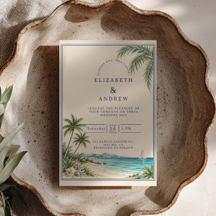 Watercolor Palm Sailboat Beach Wedding Invitation