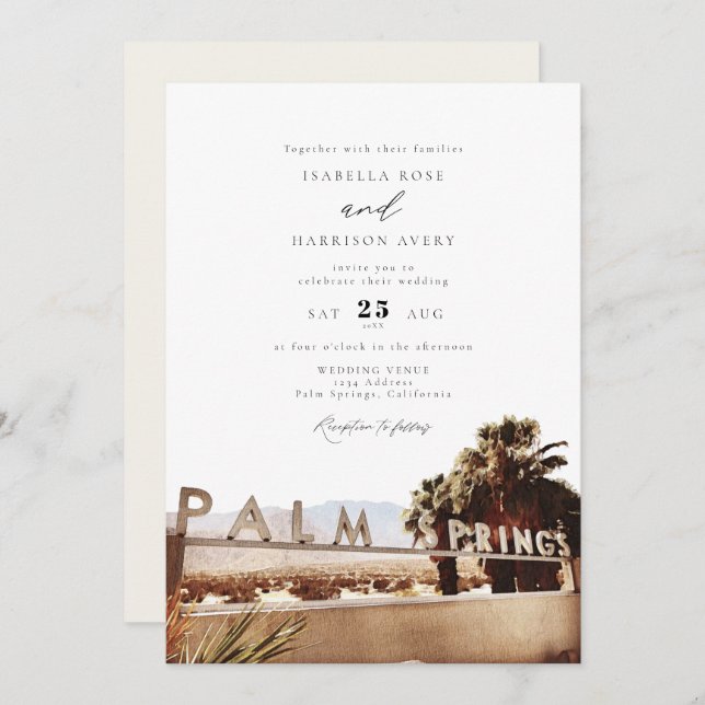 Watercolor Palm Springs California Sign Wedding Invitation (Front/Back)