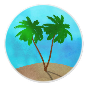 Watercolor Palm Tree Beach Scene Collage Ceramic Knob