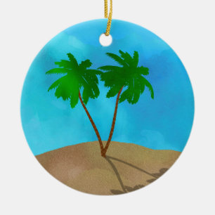 Watercolor Palm Tree Beach Scene Collage Ceramic O Decoration