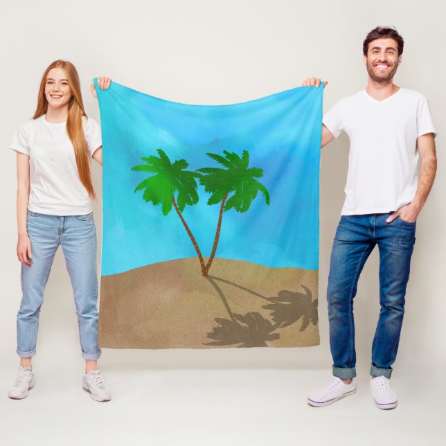 Watercolor Palm Tree Beach Scene Collage Fleece Blanket (In Situ)