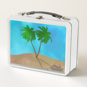 Watercolor Palm Tree Beach Scene Collage Metal Lunch Box