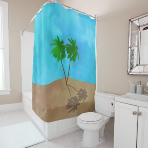 Watercolor Palm Tree Beach Scene Collage Shower Cu Curtain
