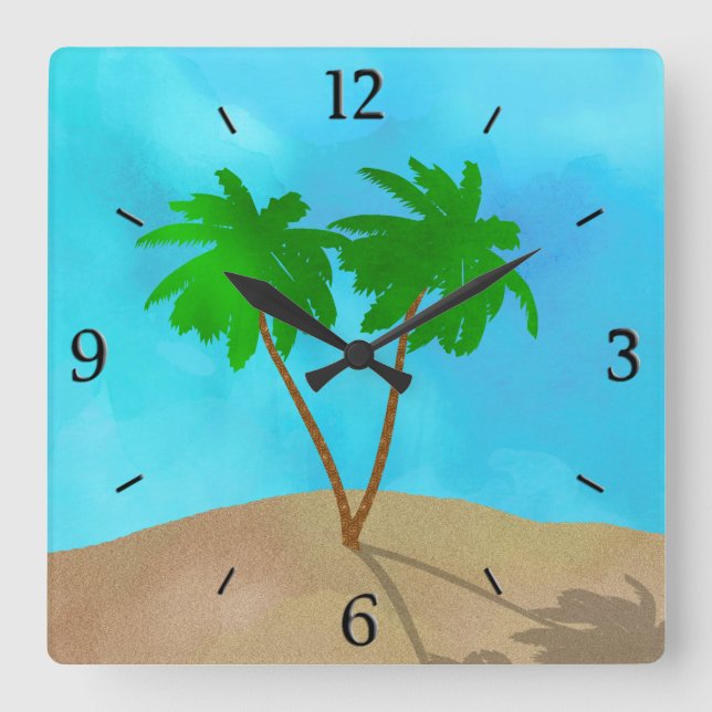 Watercolor Palm Tree Beach Scene Collage Square Wall Clock (Front)