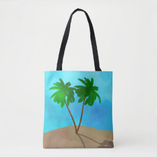 Watercolor Palm Tree Beach Scene Collage Tote Bag