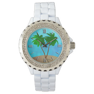 Watercolor Palm Tree Beach Scene Collage Watch