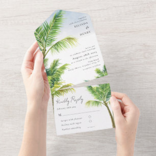Watercolor Palm Tree Beach Wedding All In One All In One Invitation