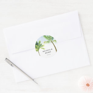 Watercolor Palm Tree Beach Wedding Classic Round Sticker