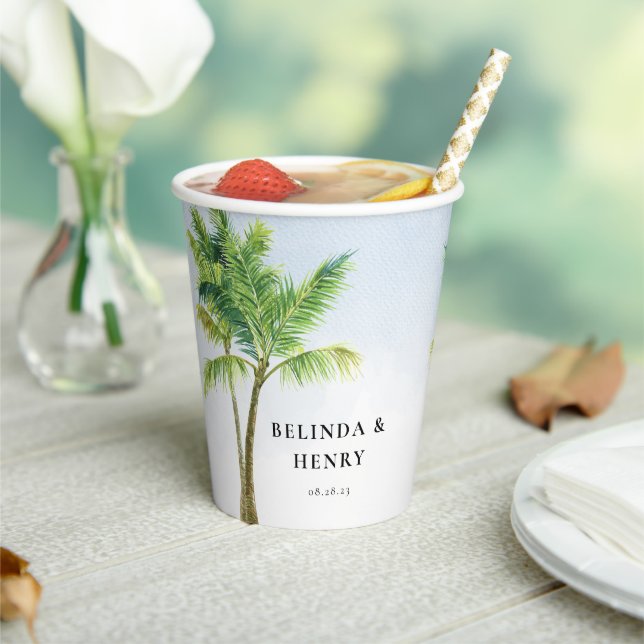 Watercolor Palm Tree Beach Wedding Paper Cups (Insitu)
