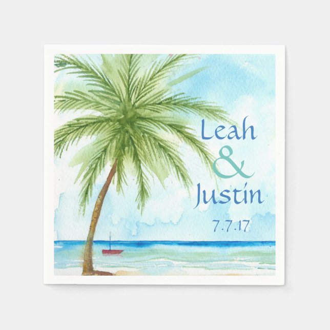 Watercolor Palm Tree Custom Wedding Napkin (Front)
