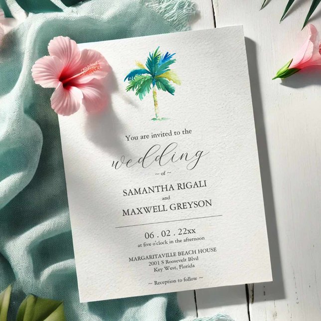 Watercolor Palm Tree Customised Wedding Invitation (Beach weddings in Florida wedding invitations personalized with your info & original watercolor art)