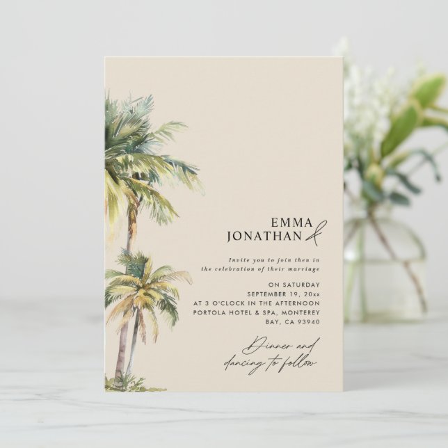 Watercolor Palm Tree Destination coastal Wedding  Invitation (Standing Front)