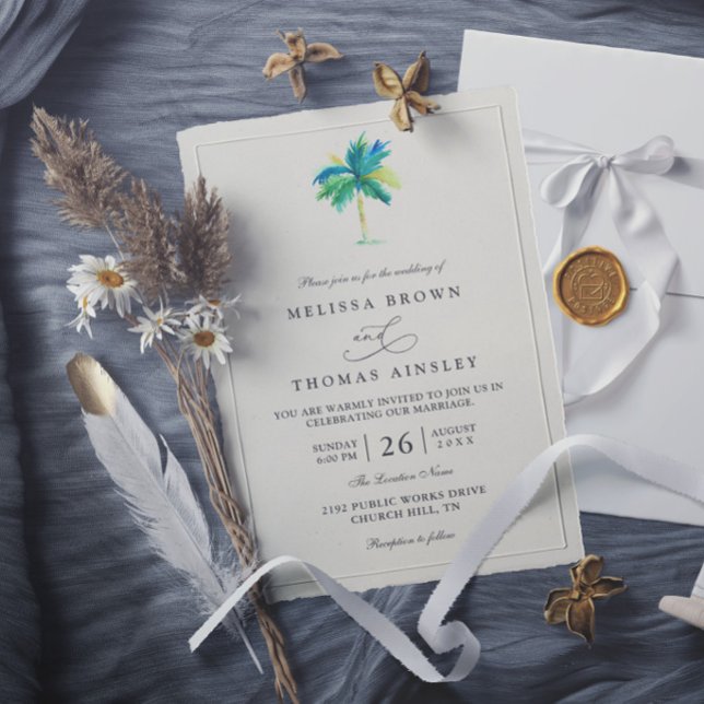 Watercolor Palm Tree Destination Elegant Wedding Invitation (Creator Uploaded)