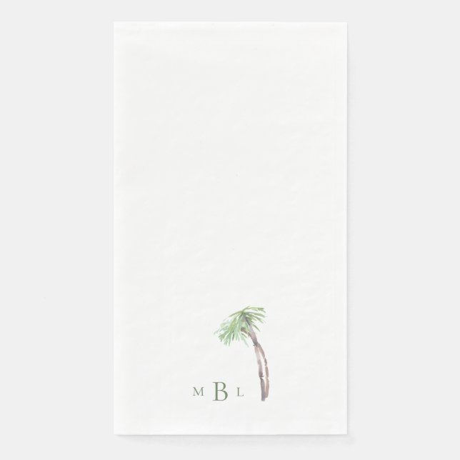 Watercolor Palm Tree Green Monogram Napkin (Front)