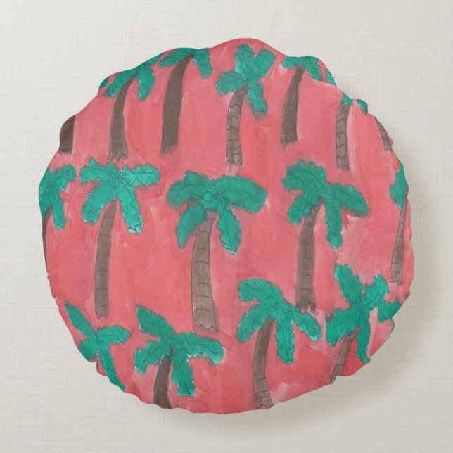 Watercolor Palm Tree Pattern Round Cushion (Back)