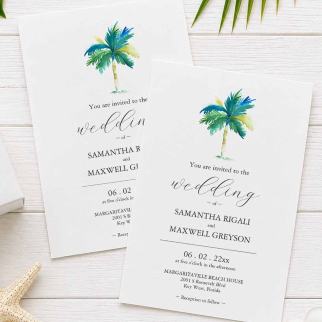 Watercolor Palm Tree Wedding Invitation (tropical destination wedding invitations with watercolor palm tree in turquoise blue and green)