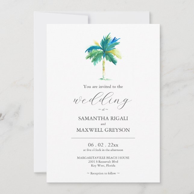 Watercolor Palm Tree Wedding Invitation (Front)