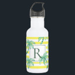 Watercolor Palm Trees and Yellow Striped Monogram 532 Ml Water Bottle<br><div class="desc">Summer palm trees and stripes pattern monogrammed bottle.</div>
