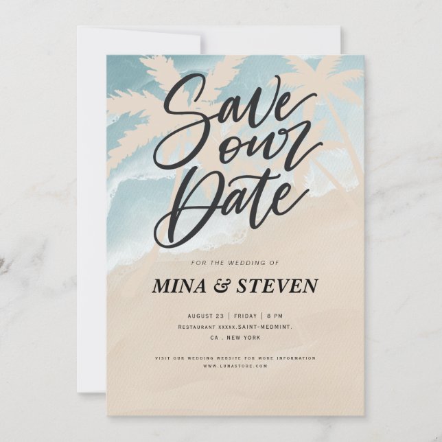Watercolor palm trees beach  wedding  save the date (Front)