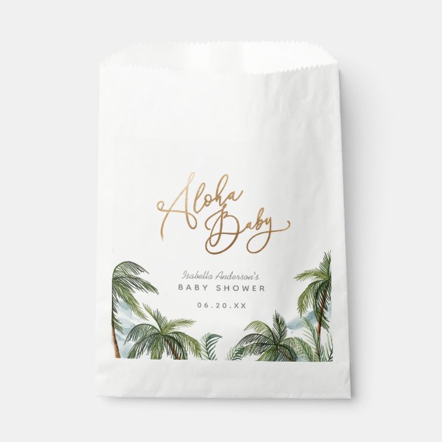Watercolor Palm Trees Gold Aloha Baby Shower Favour Bags (Front)