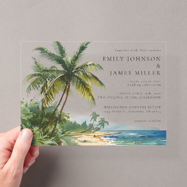 Watercolor Palm Trees Tropical Beach Wedding Acrylic Invitations (Insitu (Handheld))
