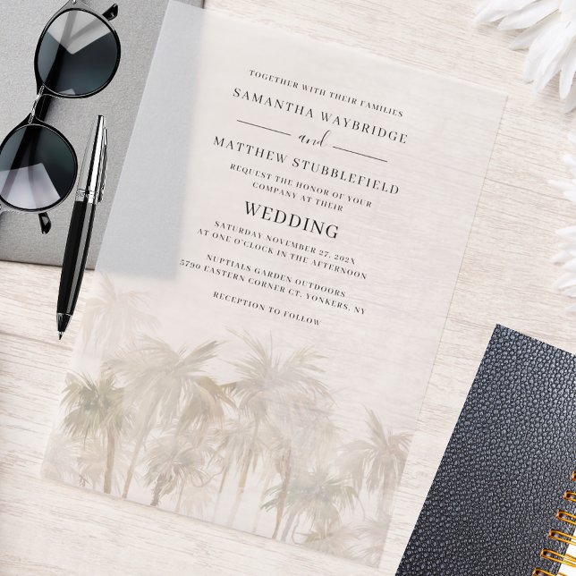 Watercolor Palm Trees Tropical Beach Wedding Vellum Invitations (Palm Tree Watercolor Destination Wedding Invitation)