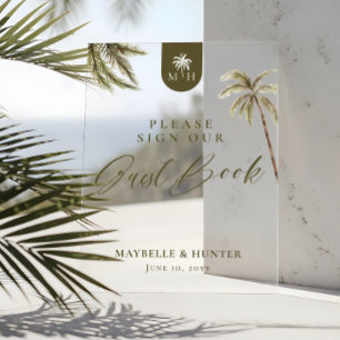 Watercolor Palm Trees Wedding Monogram Guest Book Acrylic Sign