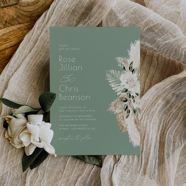 Watercolor pampas floral sage green wedding invitation (Creator Uploaded)