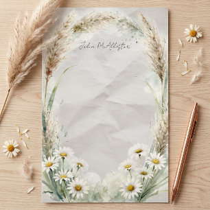 Watercolor Pampas Grass and White Daisy Botanical Stationery