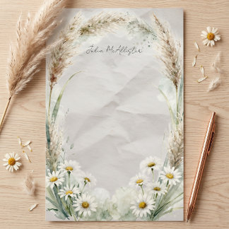 Watercolor Pampas Grass and White Daisy Botanical Stationery