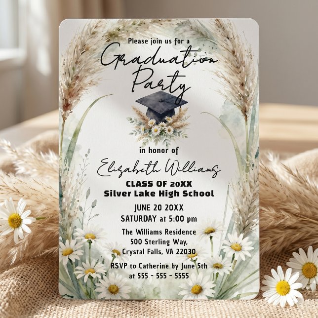 Watercolor Pampas Grass Daisies Graduation Party Invitation (Creator Uploaded)