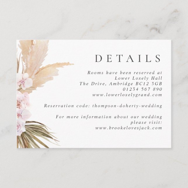 Watercolor Pampas Grass & Flowers Boho Wedding Enclosure Card (Front)