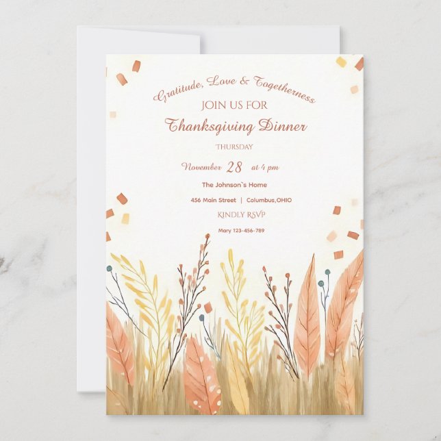Watercolor Pampas Grass & Rustic Boho Thanksgiving Invitation (Front)