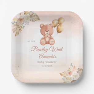 Watercolor Pampas Grass Teddy Bear Baby Shower Paper Plate