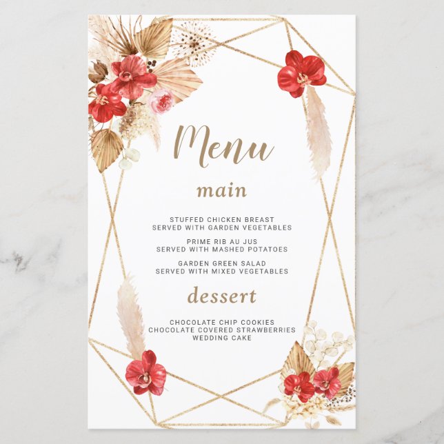 Watercolor Pampas Grass White Flowers Wedding Menu (Front)