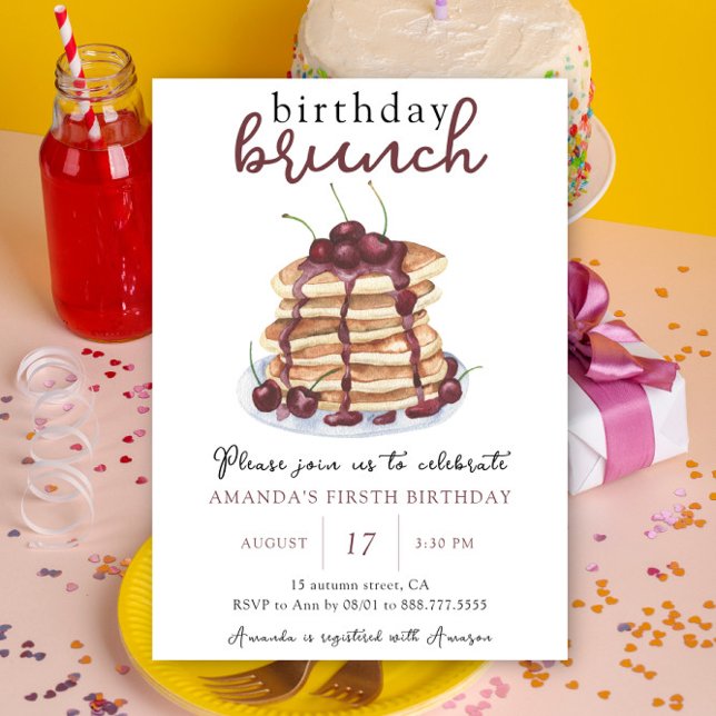 Watercolor Pancake First Birthday Brunch Party Invitation (Creator Uploaded)
