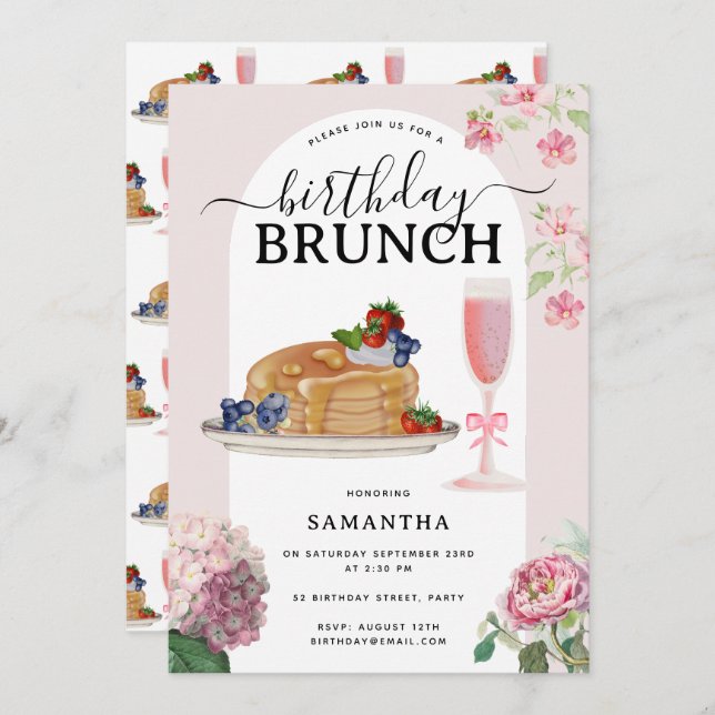 Watercolor Pancakes Berries Brunch Birthday Party Invitation (Front/Back)