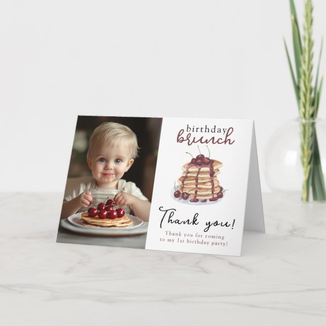 Watercolor Pancakes First Birthday Party Thank You Card (Front)