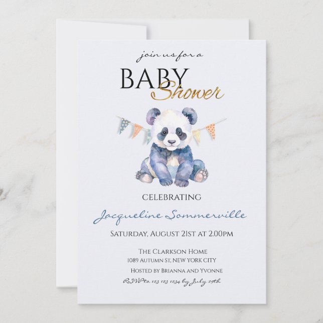 Watercolor Panda bear Baby Shower Invitation (Front)