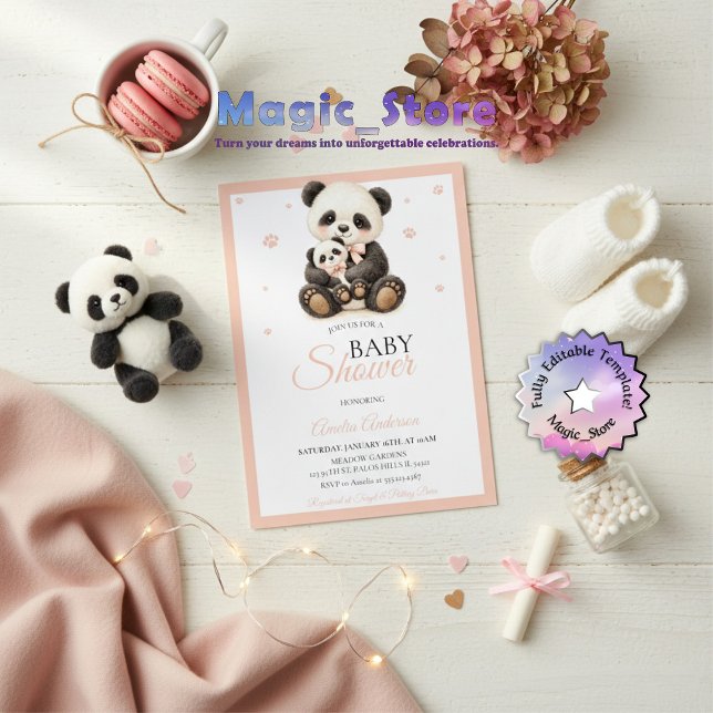 Watercolor Panda Bear Mommy Cub Pink Paws Invitation (Creator Uploaded)
