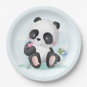 Watercolor Panda Bear with Butterflies Paper Plate