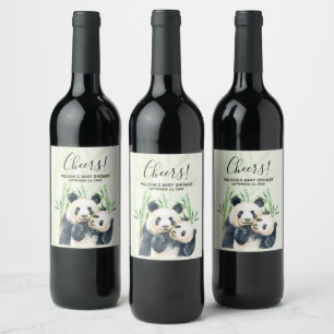 Watercolor Panda Bears Mom & Baby in Bamboo Shower Wine Label
