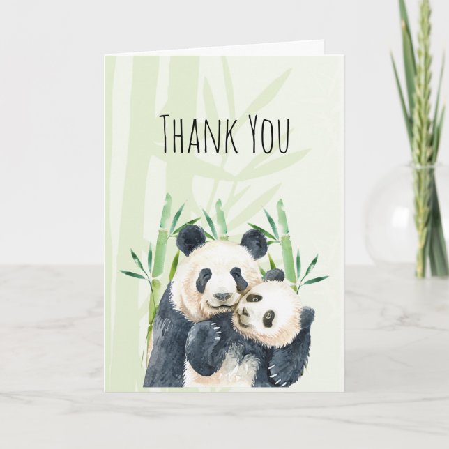 Watercolor Panda Bears Mom & Baby Thank You Card (Front)