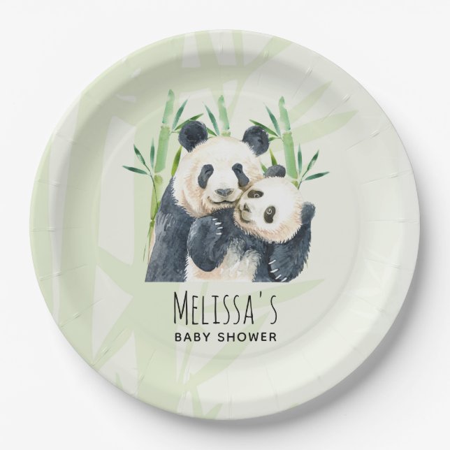 Watercolor Panda Bears Mum & Baby Baby Shower Paper Plate (Front)