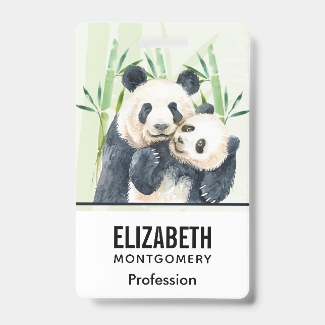 Watercolor Panda Bears Mum & Baby in Bamboo ID Badge (Front)