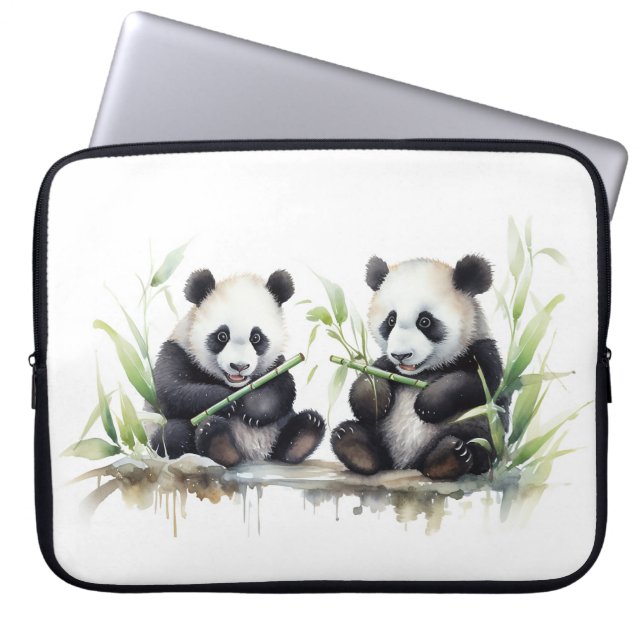Watercolor Panda Bears With Bamboo Laptop Sleeve (Front)
