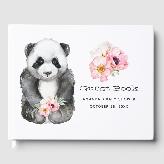Watercolor Panda Floral Girl Baby Shower Guest Book (Front)
