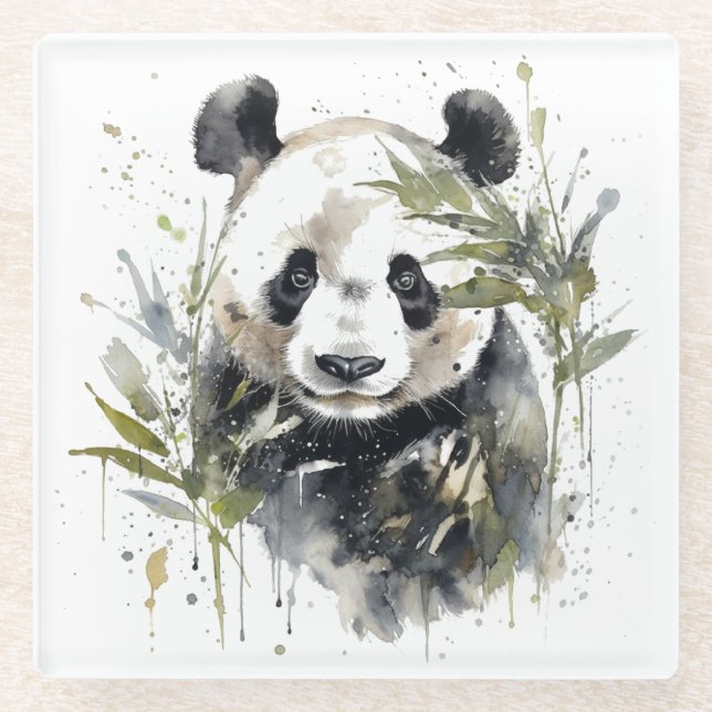 Watercolor Panda Garden Glass Coaster (Front)