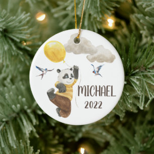 Watercolor Panda with Balloon Monogram Child Ceramic Tree Decoration