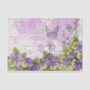 Watercolor pansies on printed book page tissue paper
